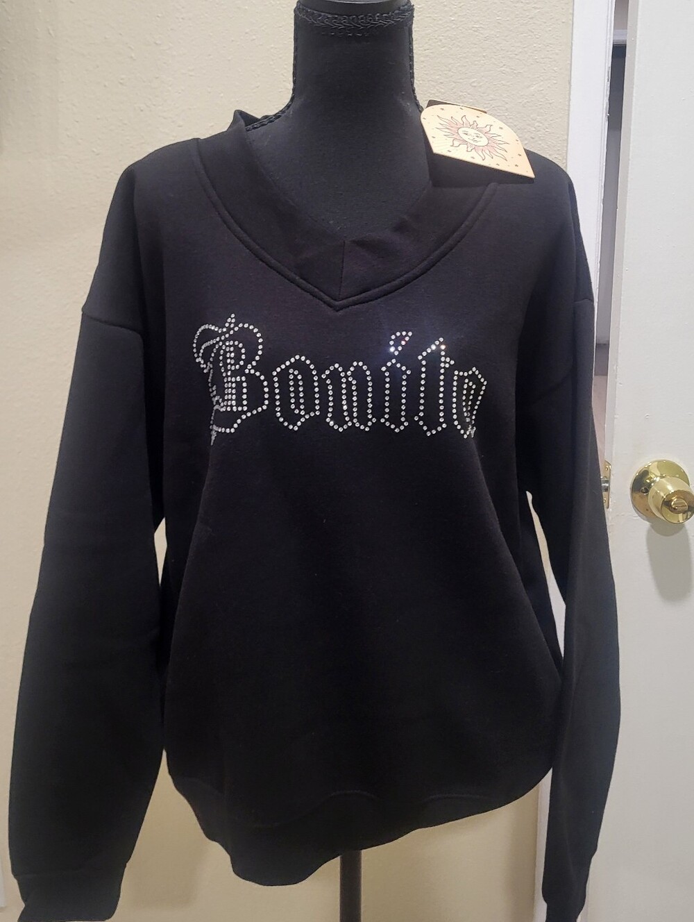 New Black "Bonita" Rhinestone Pullover V-neck Sweatshirt